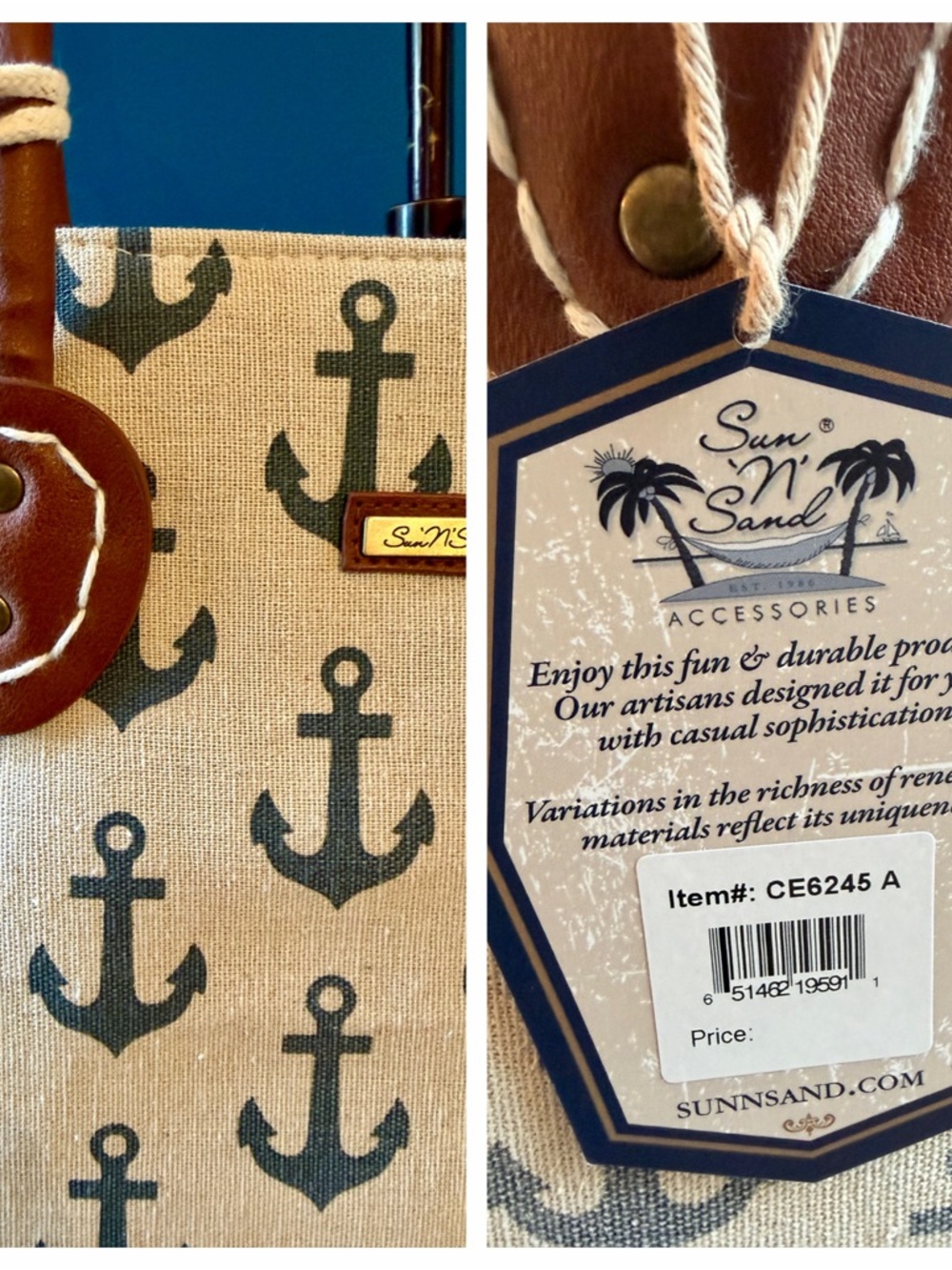 Reduced!! NWT Sun 'N' Sand Canvas Nautical Anchor Print Tote with Brown Handles - Picture 9 of 16